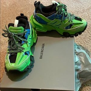 Lime Green, Blue, Black Balenciaga Sneakers.